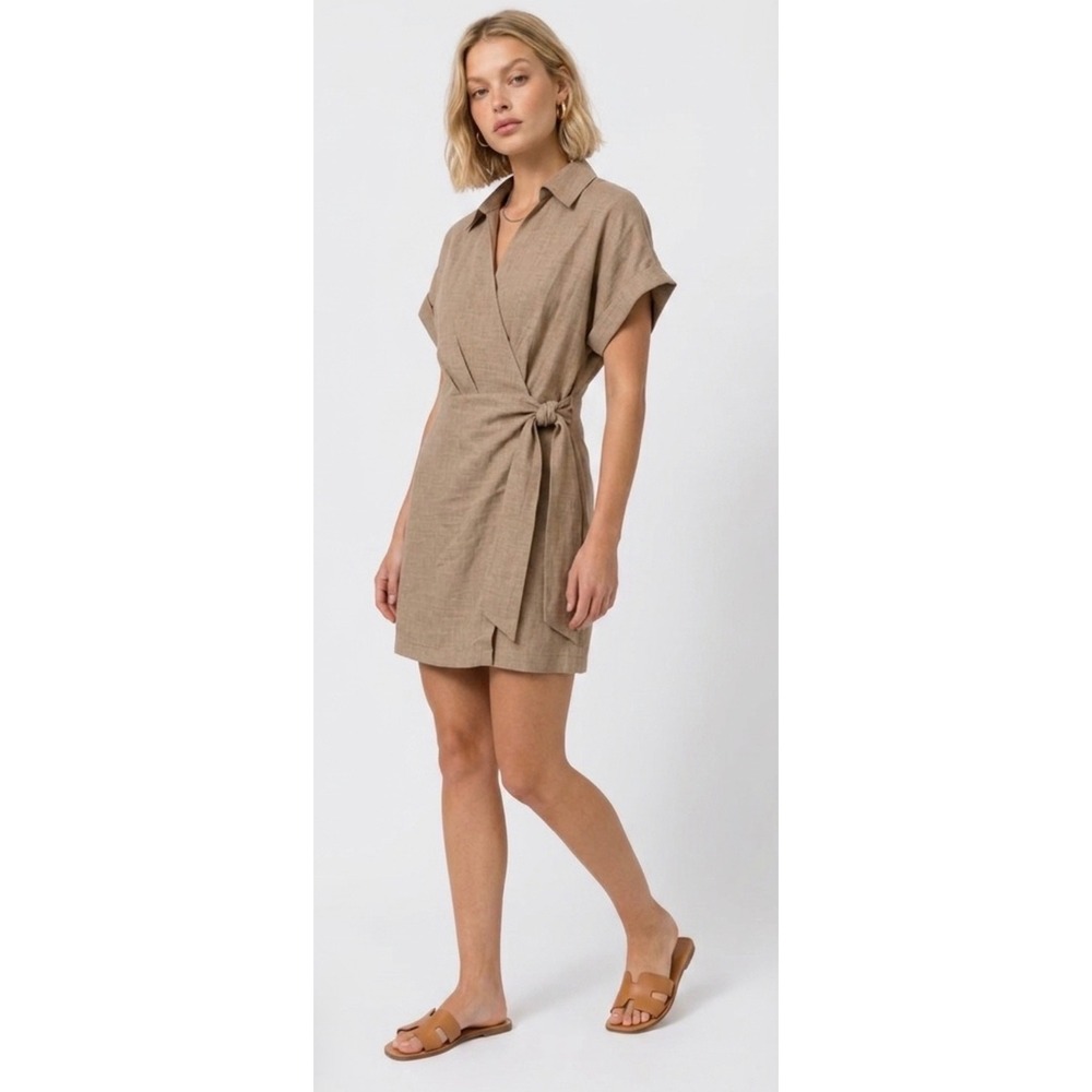 Emma & Michele Wrap Dress Womens M Tan Excellent Collared Linen Look Mini